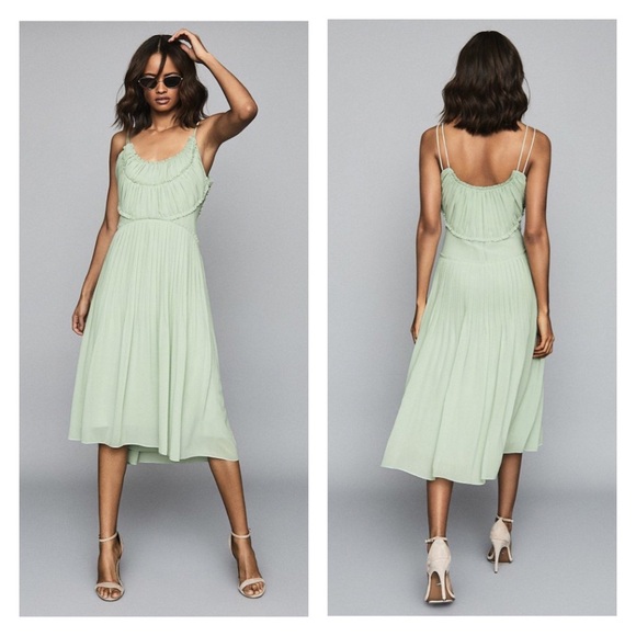 New! REISS Thora Pleated Chiffon Midi Dress in Mint Green - Picture 1 of 10